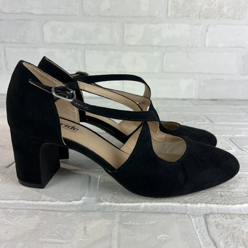 LifeStride Heels Pumps Womens 8.5‎ Tracy Black Suede Strappy Block Heel Classy